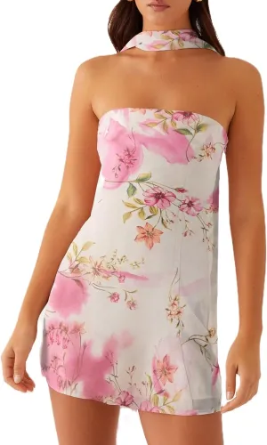 Women Floral Strapless Tube Mini Dress Y2K Flower Backless Bodycon Summer Formal Cocktail Short Dress with Scarf