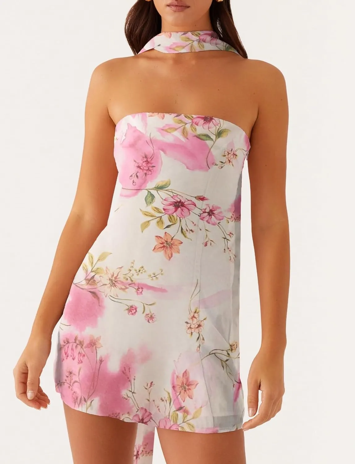 Women Floral Strapless Tube Mini Dress Y2K Flower Backless Bodycon Summer Formal Cocktail Short Dress with Scarf