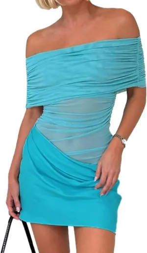Women Sexy Off Shoulder Ruched Sheer Mesh Mini Dress Short Sleeve Cut Out Y2K Bodycon See Through Club Dresses