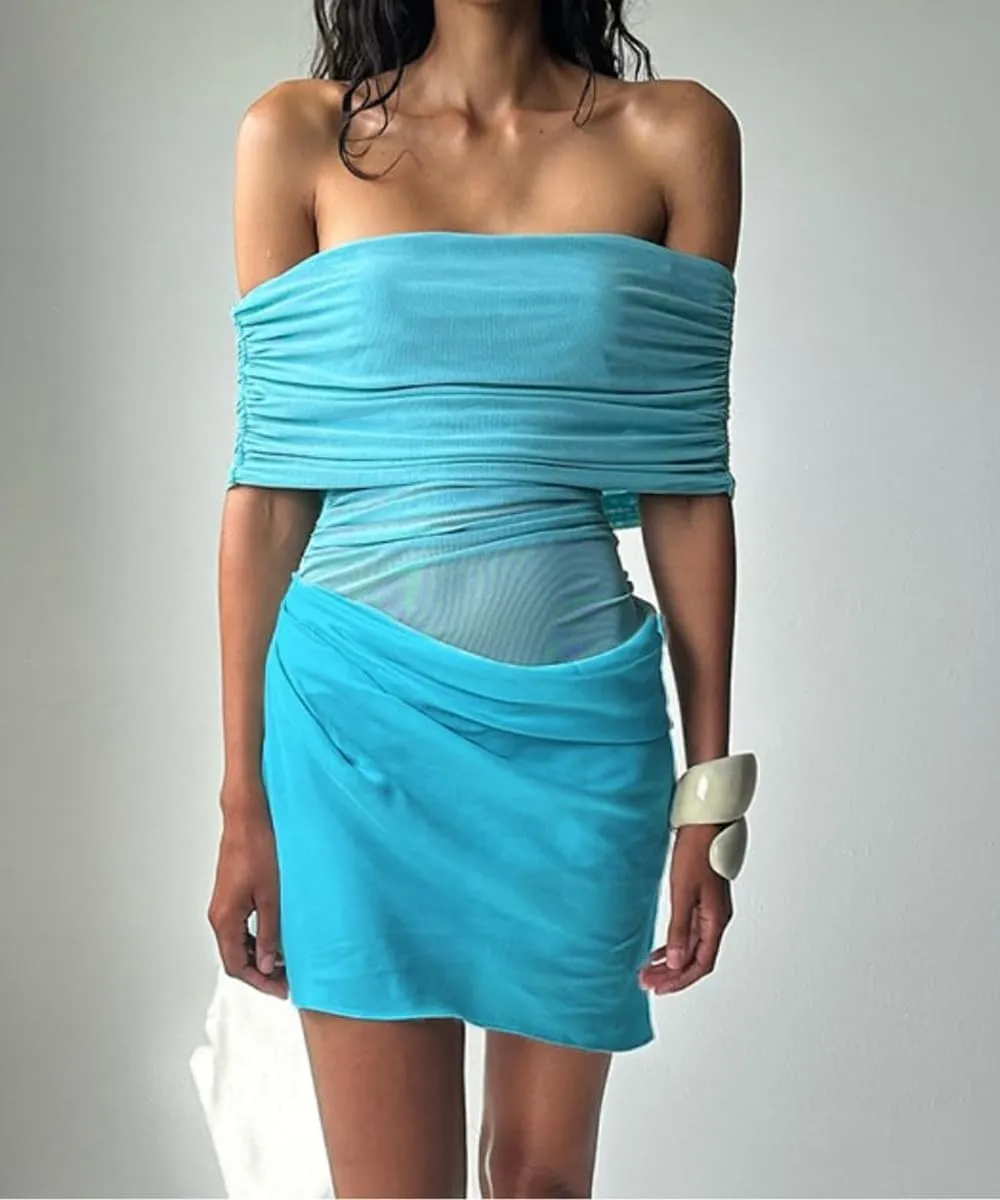 Women Sexy Off Shoulder Ruched Sheer Mesh Mini Dress Short Sleeve Cut Out Y2K Bodycon See Through Club Dresses