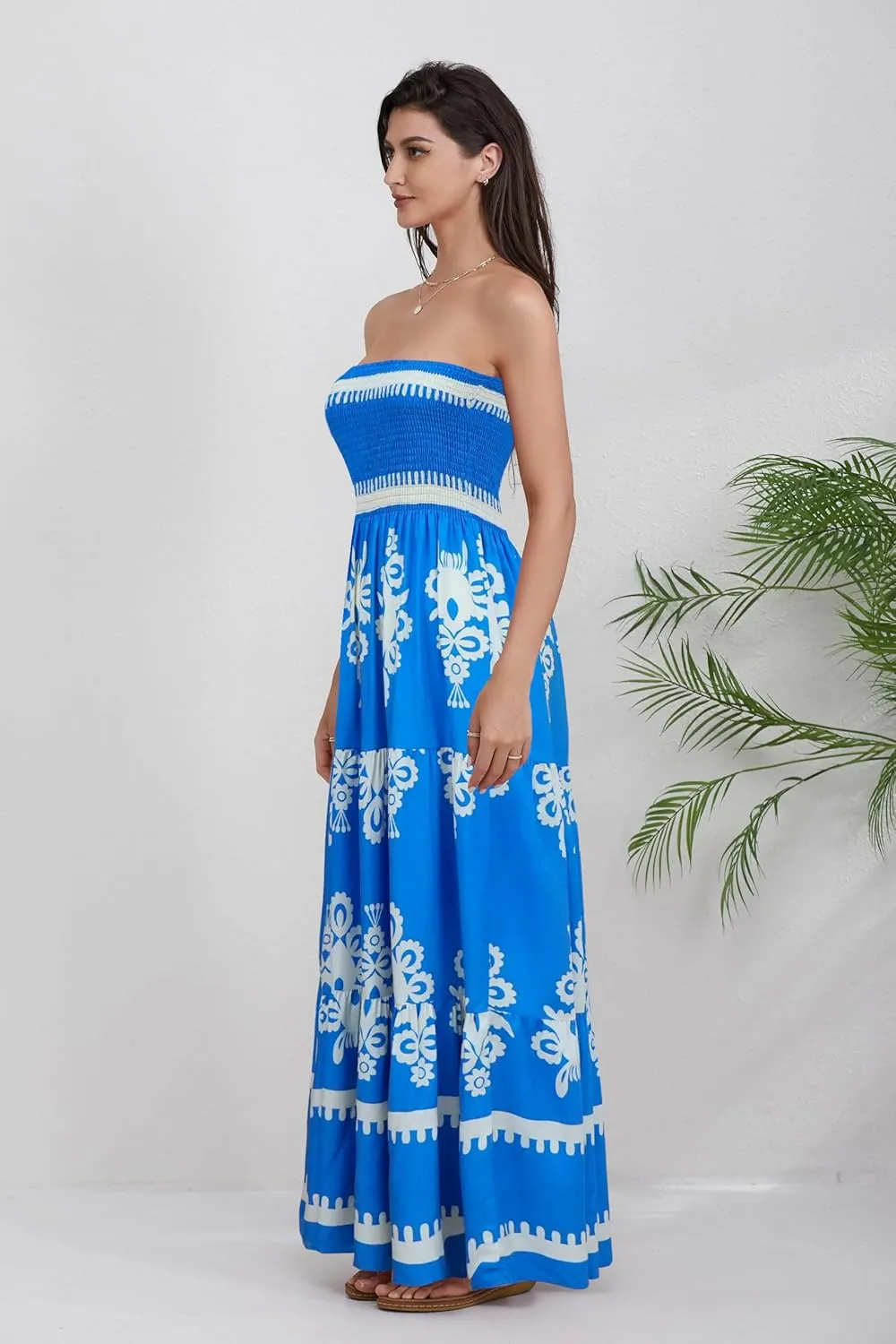 Women Strapless A Line Maxi Dress Tube Top Backless Casual Summer Dress