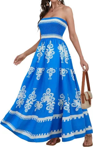 Women Strapless A Line Maxi Dress Tube Top Backless Casual Summer Dress