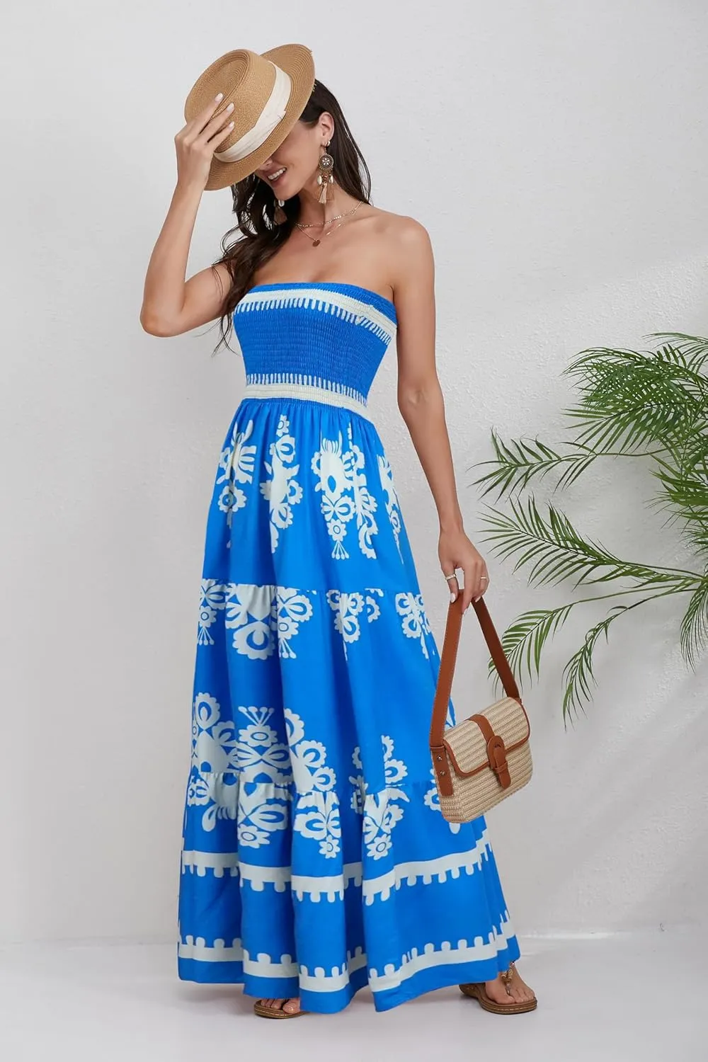Women Strapless A Line Maxi Dress Tube Top Backless Casual Summer Dress