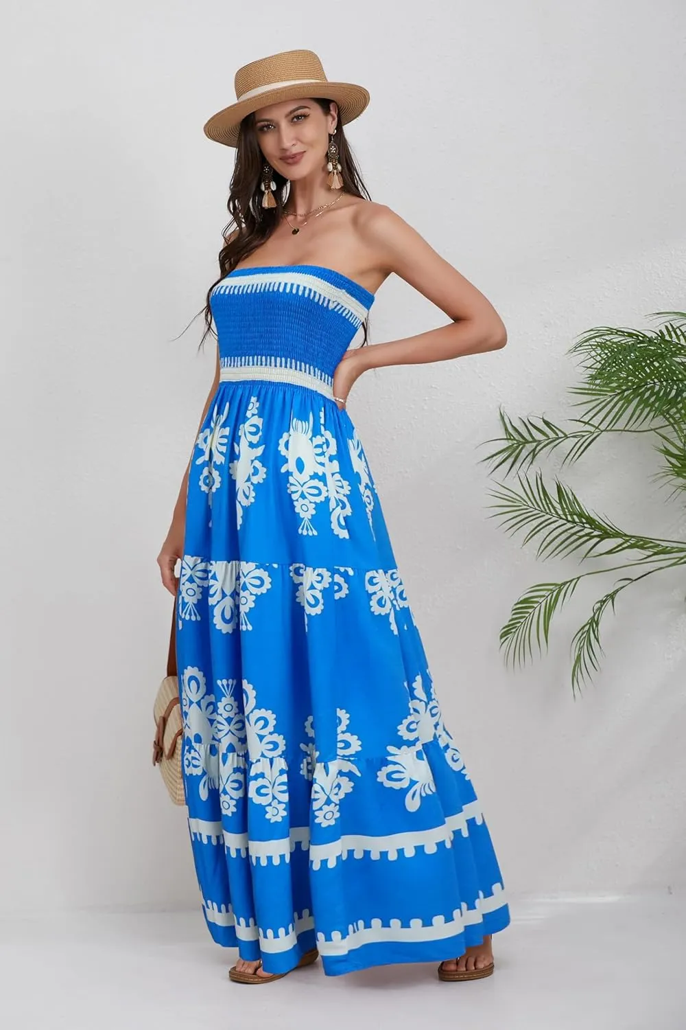 Women Strapless A Line Maxi Dress Tube Top Backless Casual Summer Dress