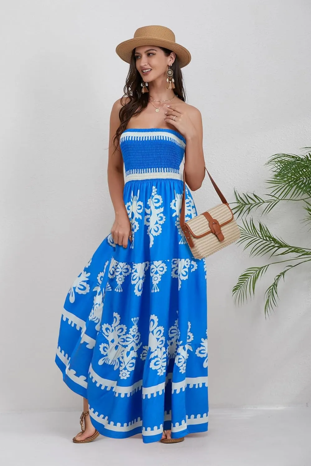 Women Strapless A Line Maxi Dress Tube Top Backless Casual Summer Dress