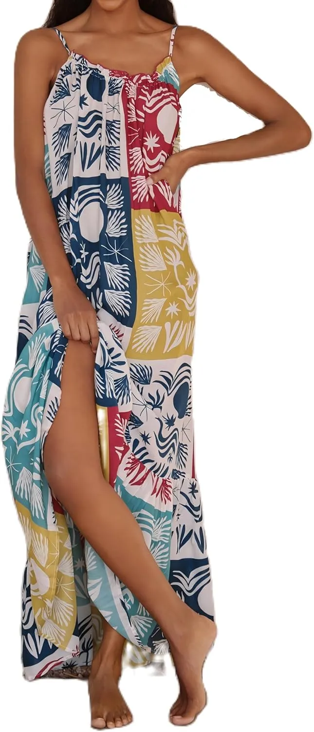 Women Summer Boho Maxi Dress Y2k Floral Print Sleeveless Flowy Long Dress Vintage Spaghetti Strap Beach Sundress