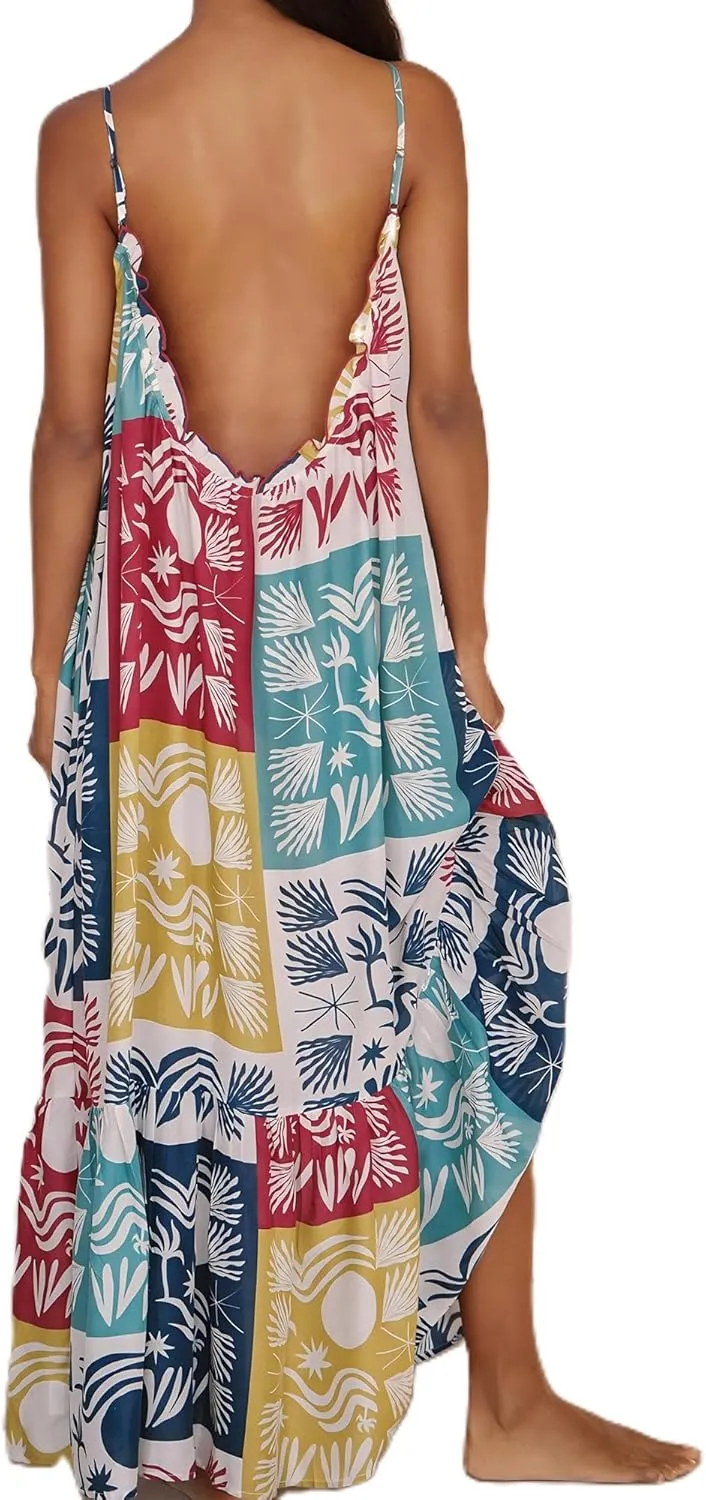 Women Summer Boho Maxi Dress Y2k Floral Print Sleeveless Flowy Long Dress Vintage Spaghetti Strap Beach Sundress