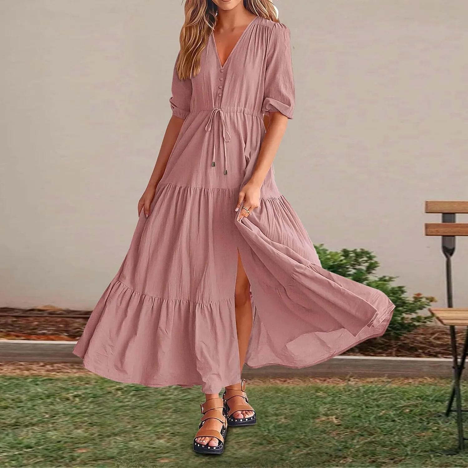 Women Summer Dresses Short Sleeves V Neck Button Drawstring Maxi Dresses Solid Color Boho Long Dresses Lace Cap