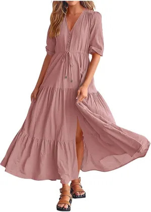 Women Summer Dresses Short Sleeves V Neck Button Drawstring Maxi Dresses Solid Color Boho Long Dresses Lace Cap