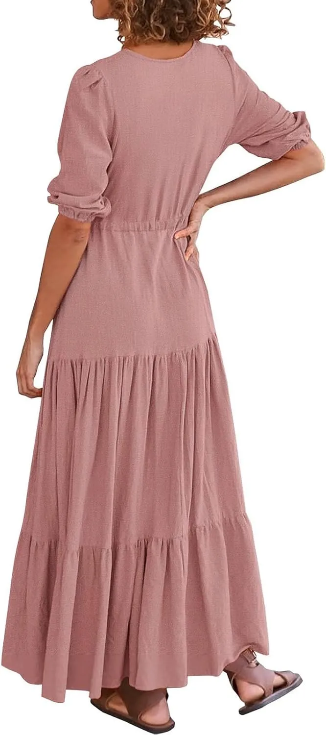 Women Summer Dresses Short Sleeves V Neck Button Drawstring Maxi Dresses Solid Color Boho Long Dresses Lace Cap