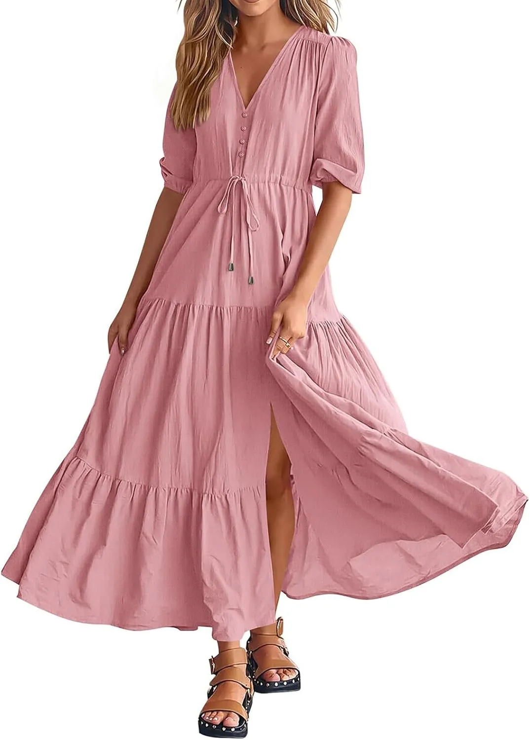 Women Summer Dresses Short Sleeves V Neck Button Drawstring Maxi Dresses Solid Color Boho Long Dresses Lace Cap