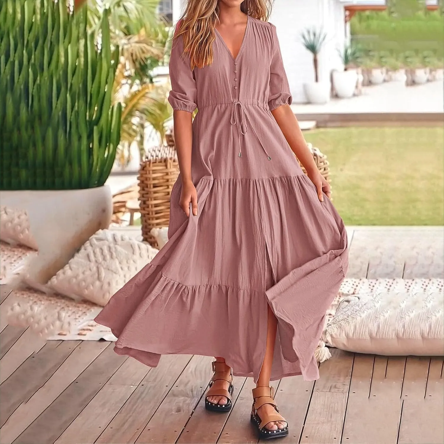 Women Summer Dresses Short Sleeves V Neck Button Drawstring Maxi Dresses Solid Color Boho Long Dresses Lace Cap