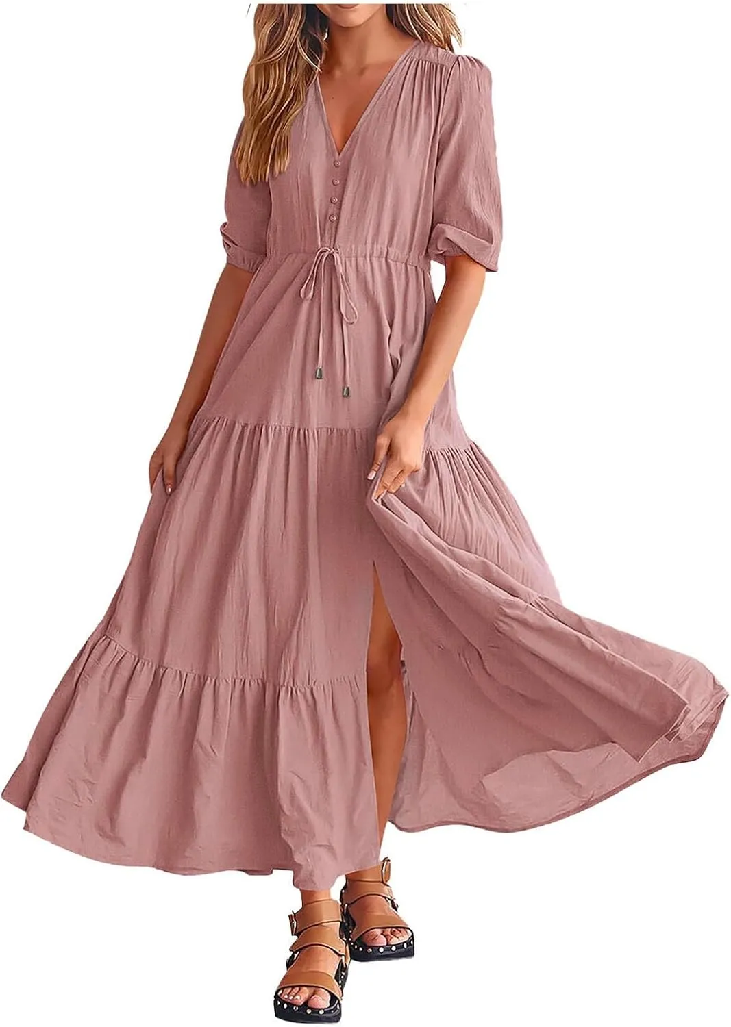 Women Summer Dresses Short Sleeves V Neck Button Drawstring Maxi Dresses Solid Color Boho Long Dresses Lace Cap