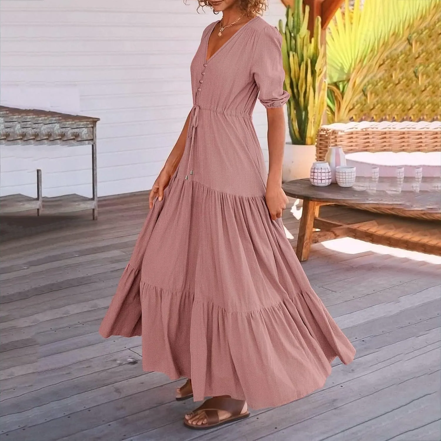 Women Summer Dresses Short Sleeves V Neck Button Drawstring Maxi Dresses Solid Color Boho Long Dresses Lace Cap