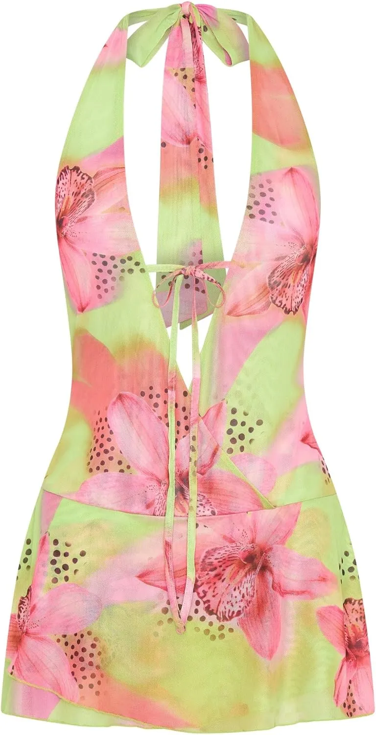 Women Summer Mesh Mini Dress Sexy Halter V Neck Backless Short Dress A Line Going Out Party Cocktail Dresses