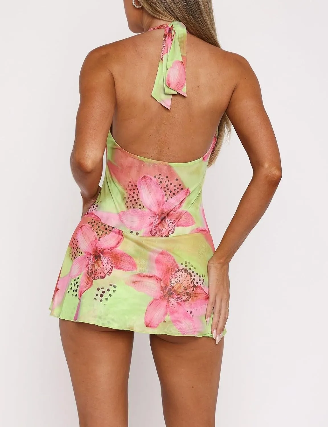 Women Summer Mesh Mini Dress Sexy Halter V Neck Backless Short Dress A Line Going Out Party Cocktail Dresses