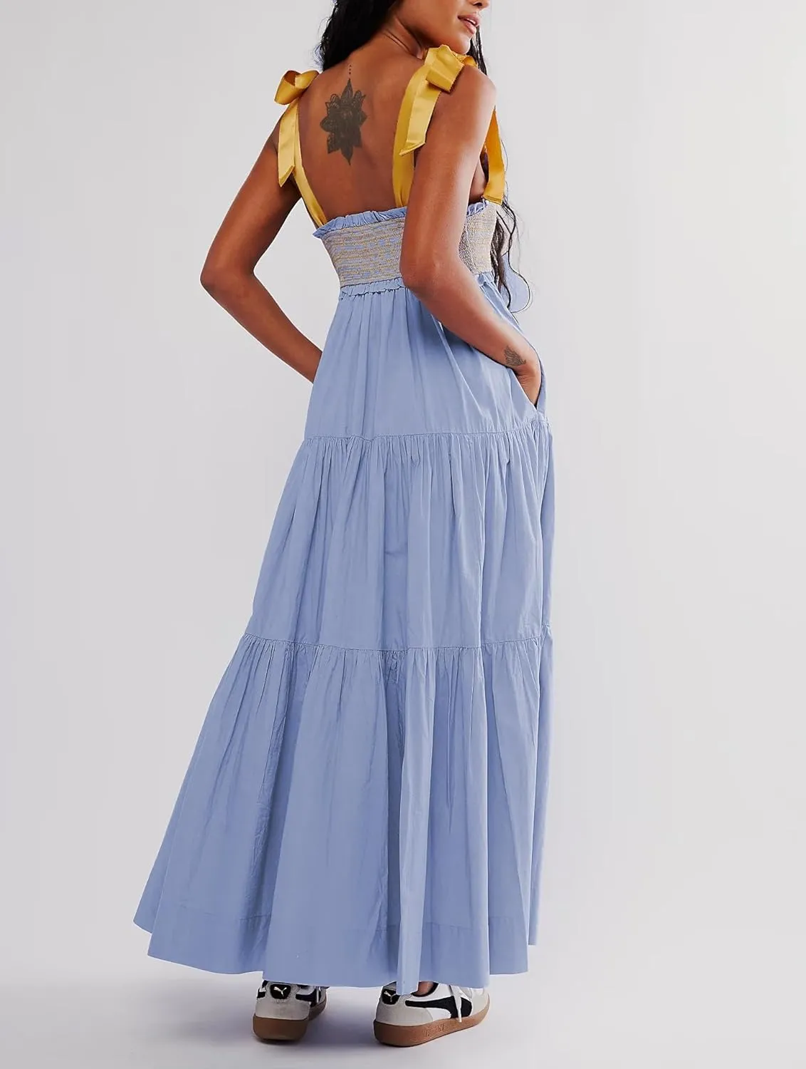 Women Summer Y2k Floral Maxi Dress Tie Shoulder Smocked Long Dress Tiered Flowy Swing A Line Beach Sundress