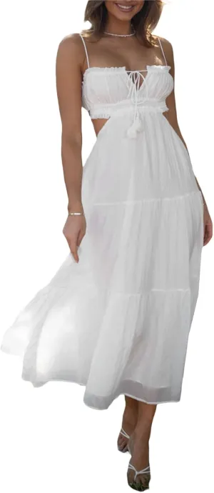Women Y2k Bodycon Long Maxi Dress Spaghetti Strap Cutout Backless Clubwear