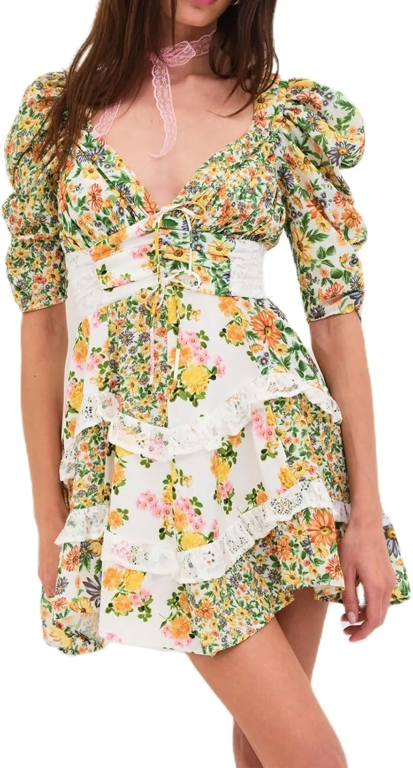 Women Y2K Floral Patchwork Mini Dress Puff Short Sleeve Tiered Ruffle Dress Bohemia Tie Up Backless Sundress