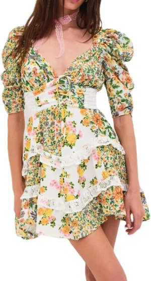Women Y2K Floral Patchwork Mini Dress Puff Short Sleeve Tiered Ruffle Dress Bohemia Tie Up Backless Sundress