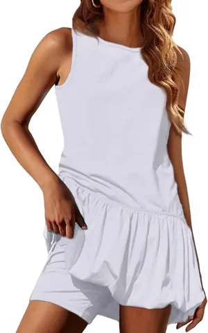 Womens Athletic Sleeveless Dress Crew Neck Sleeveless Tank Dress Hot Shot Bubble Set with Shorts Sundress