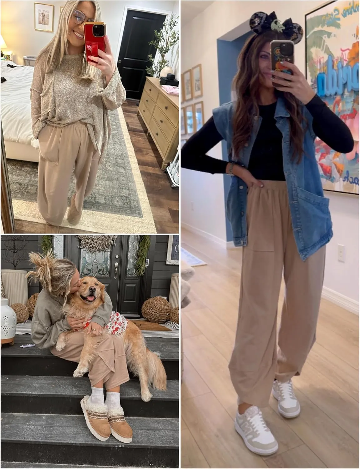 Womens Baggy Pants Wide Leg Cotton Elastic Waist Lounge Pants with Pockets