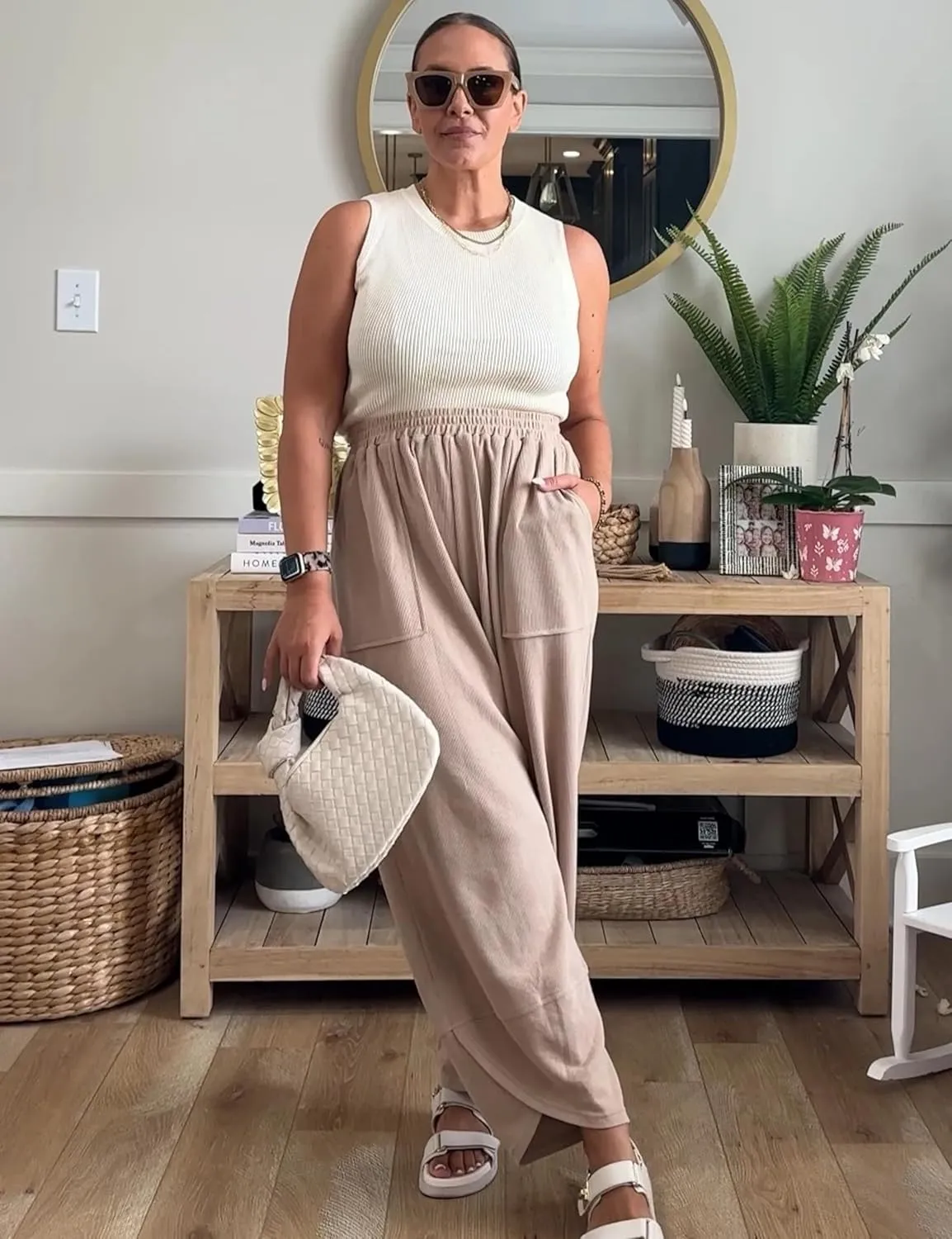 Womens Baggy Pants Wide Leg Cotton Elastic Waist Lounge Pants with Pockets