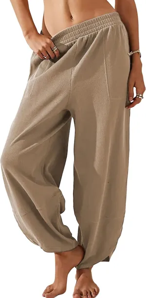 Womens Baggy Pants Wide Leg Cotton Elastic Waist Lounge Pants with Pockets