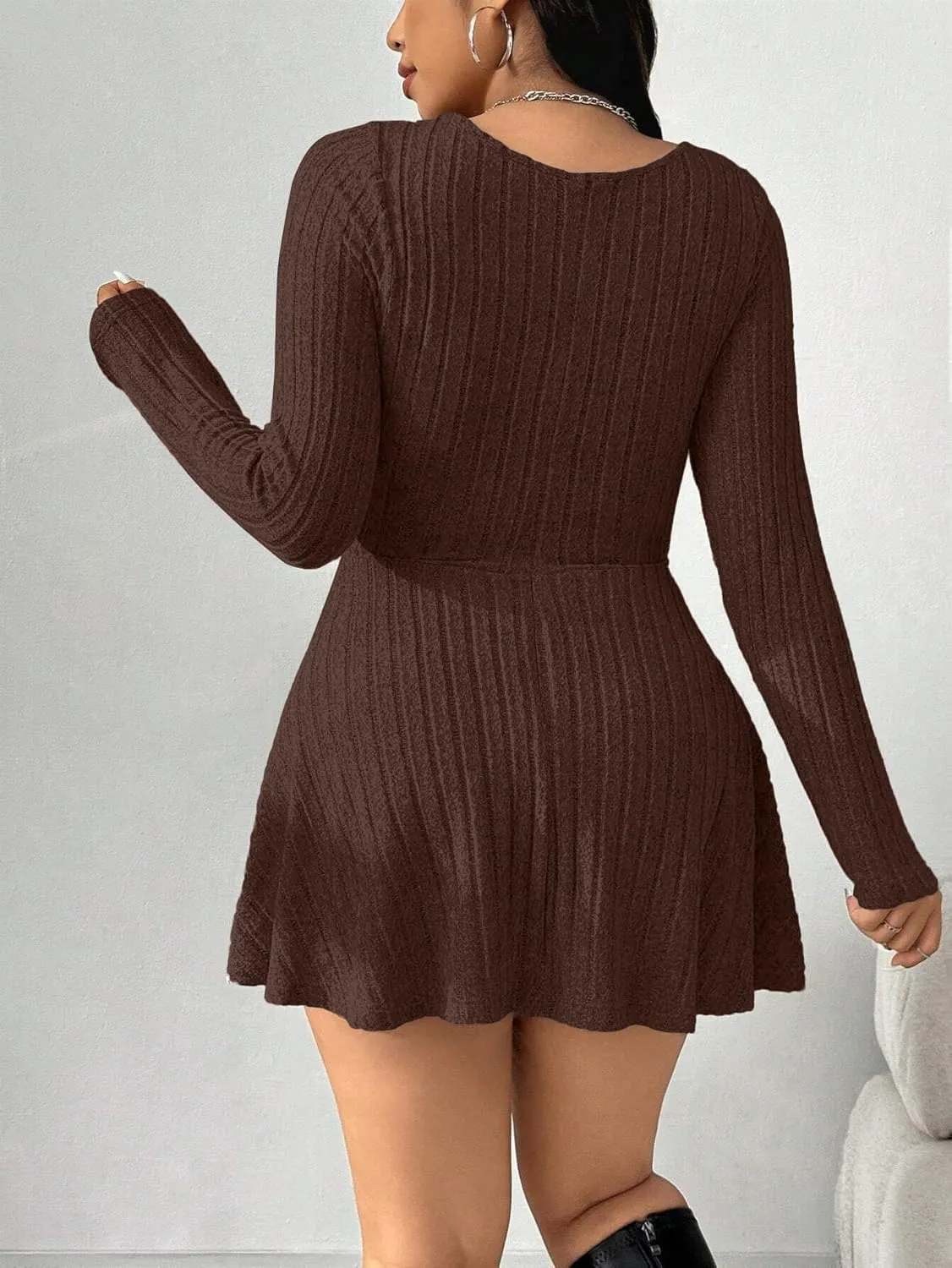 Women's Black Ribbed Knit Off-Shoulder Sweater Dress Have Pockets Casual Sportswear