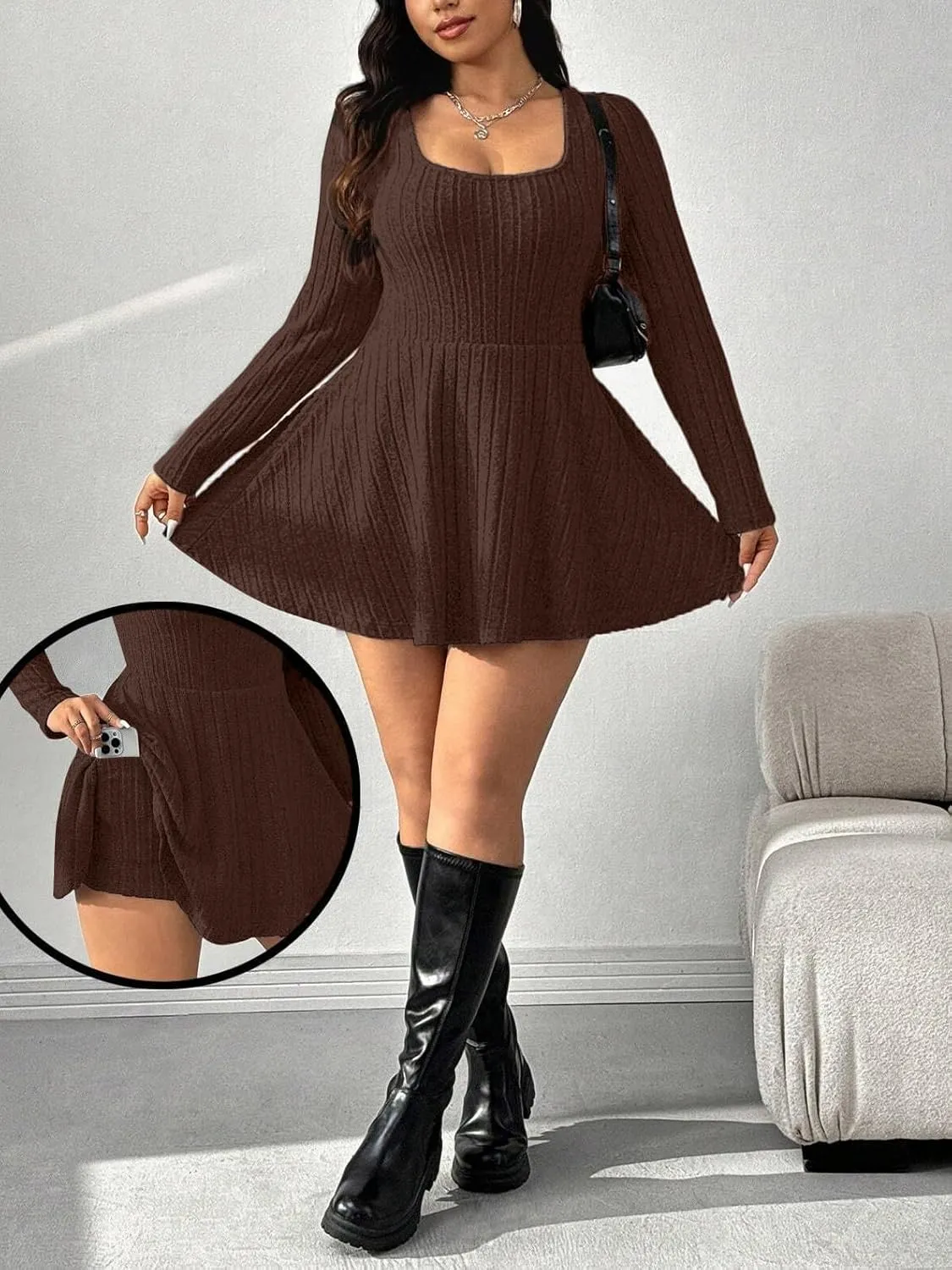 Women's Black Ribbed Knit Off-Shoulder Sweater Dress Have Pockets Casual Sportswear