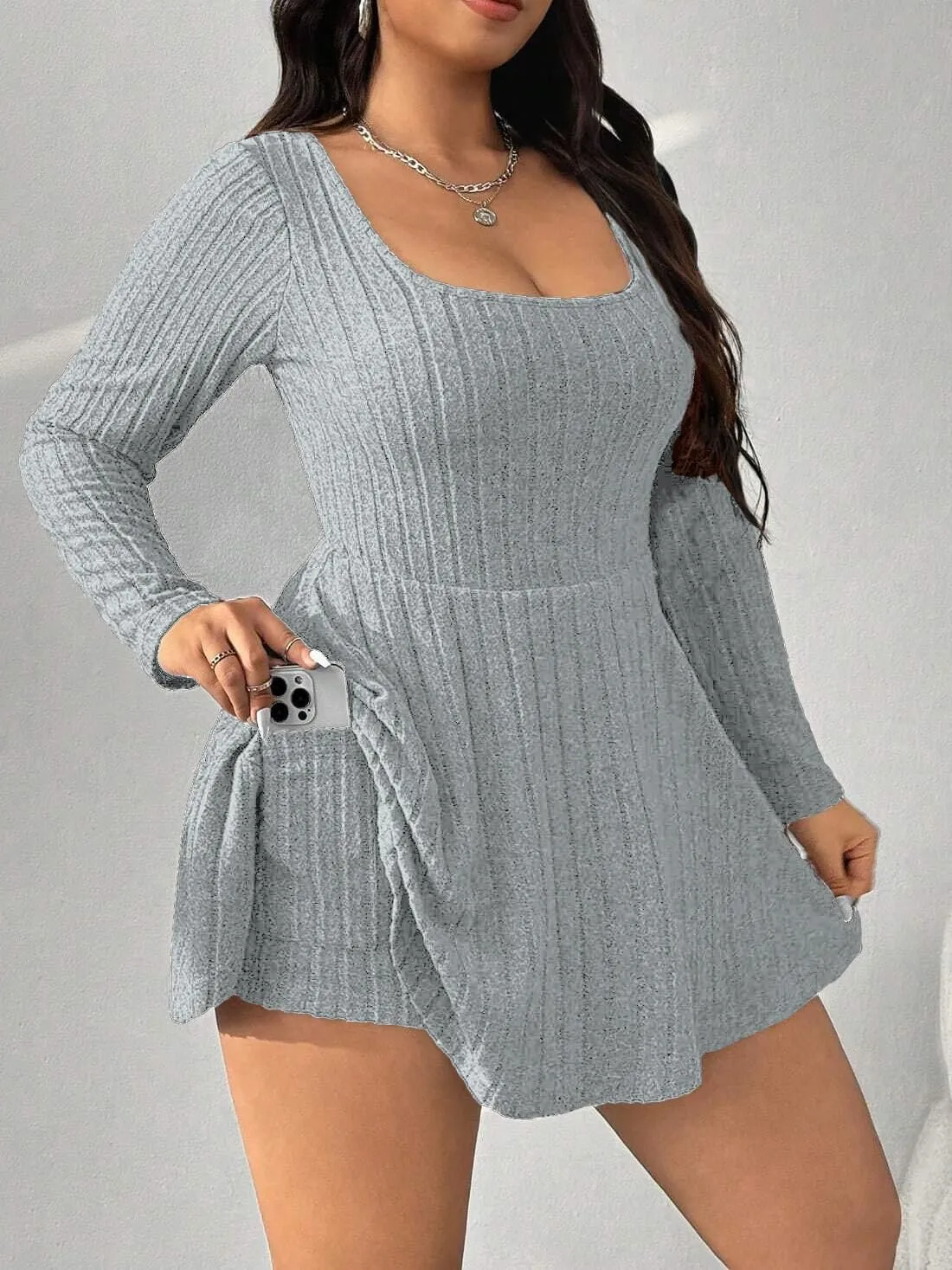 Women's Black Ribbed Knit Off-Shoulder Sweater Dress Have Pockets Casual Sportswear