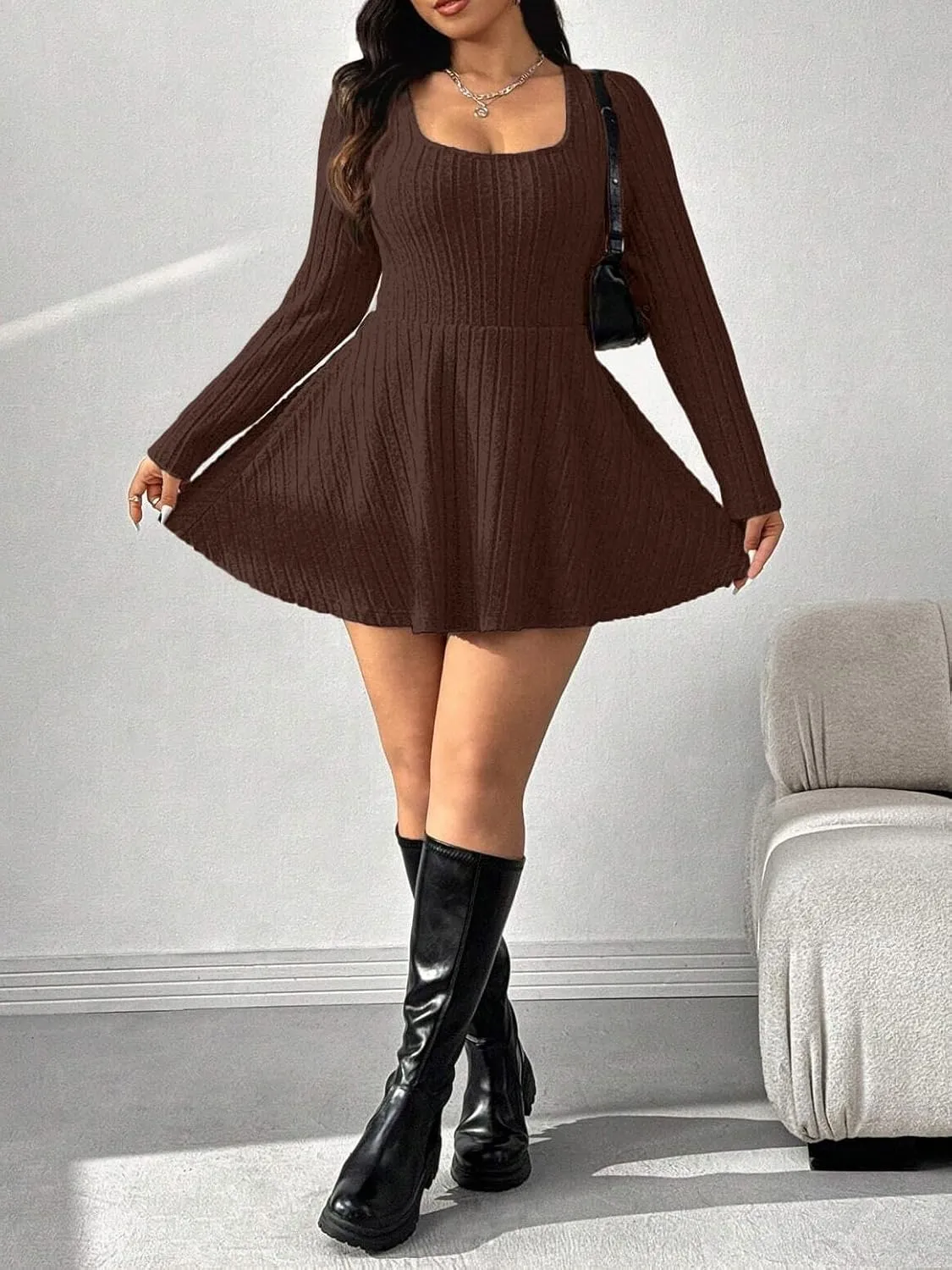 Women's Black Ribbed Knit Off-Shoulder Sweater Dress Have Pockets Casual Sportswear