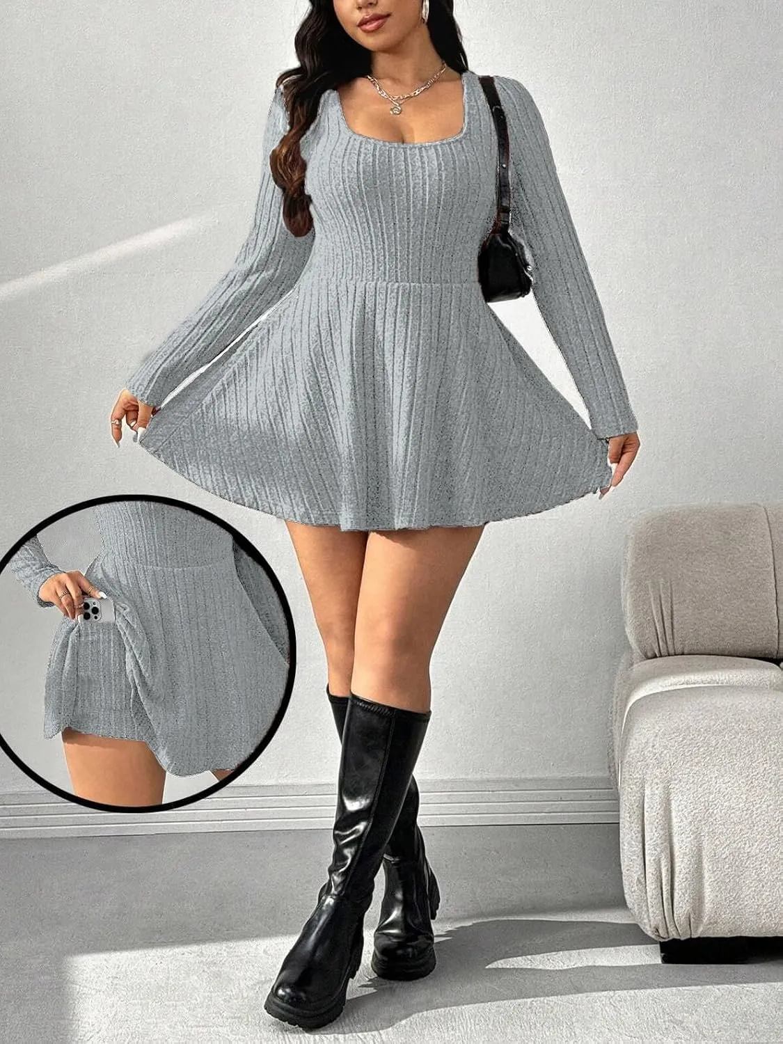 Women's Black Ribbed Knit Off-Shoulder Sweater Dress Have Pockets Casual Sportswear