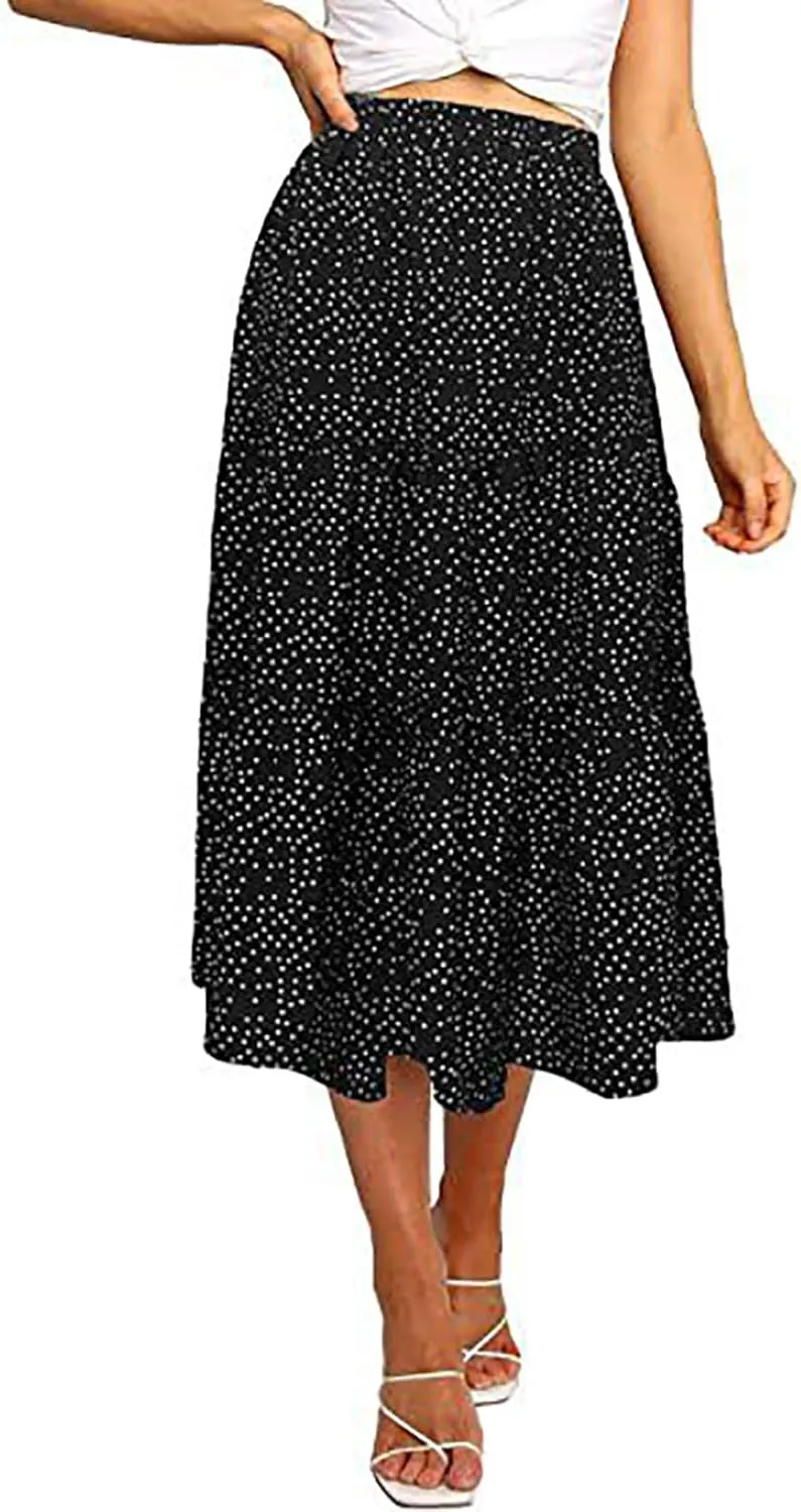 Women's Bohemia Elastic Waist Midi Skirts Polka Dot Leopard Print A Line Long Pleated Casual Beach Skirt