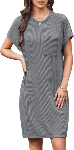 Womens Casual Crewneck Short Sleeve Ribbed Mini Tshirt Dress Fashion Slim Spring and Summer Dresses