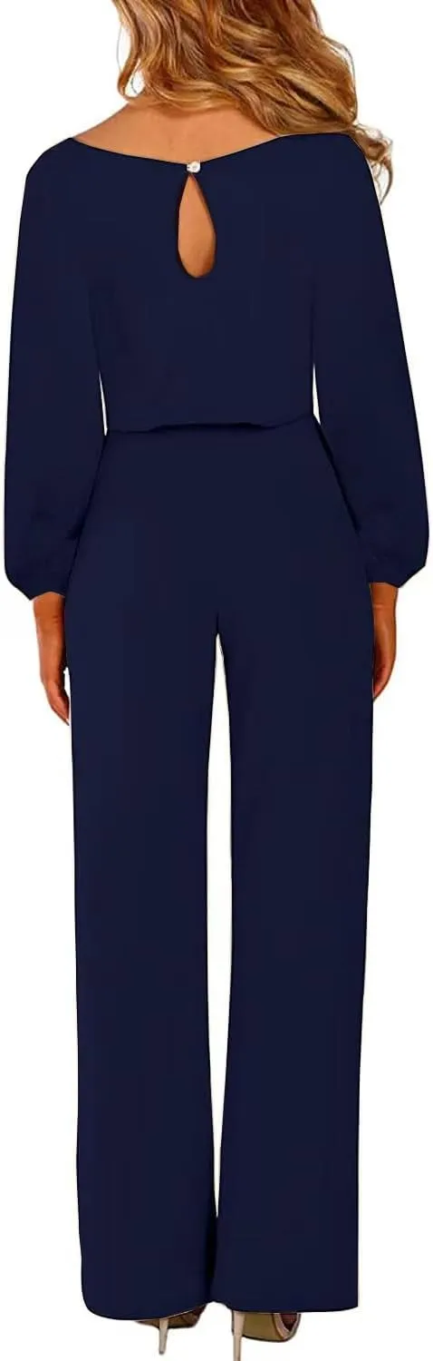 Womens Casual Jumpsuits Loose Fit Belted Dressy Long Sleeve Crewneck Autumn Jumpsuit Long Wide Legs Formal Rompers
