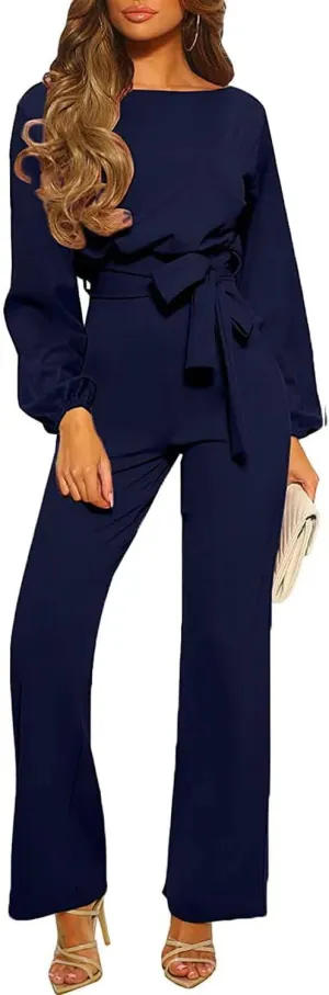 Womens Casual Jumpsuits Loose Fit Belted Dressy Long Sleeve Crewneck Autumn Jumpsuit Long Wide Legs Formal Rompers