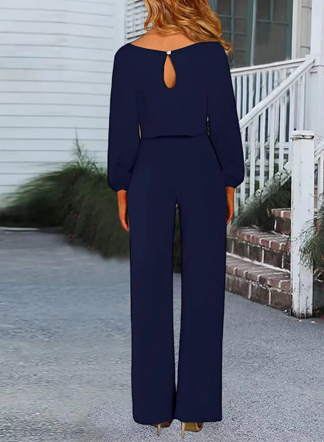 Womens Casual Jumpsuits Loose Fit Belted Dressy Long Sleeve Crewneck Autumn Jumpsuit Long Wide Legs Formal Rompers