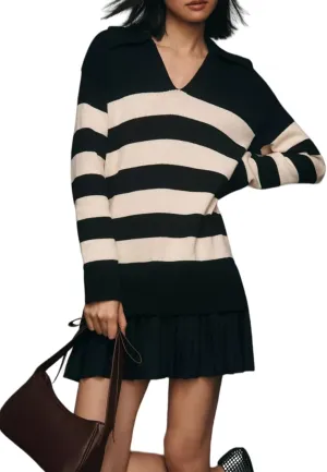Women's Casual Striped Sweater Dresses Long Sleeve Polo V Neck Pleated Mini Dress