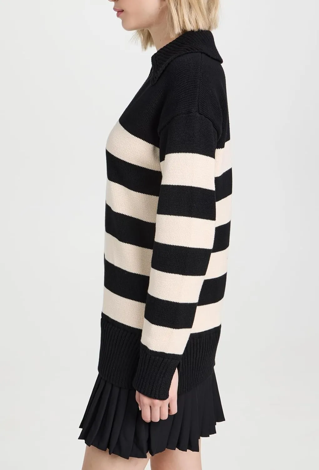 Women's Casual Striped Sweater Dresses Long Sleeve Polo V Neck Pleated Mini Dress