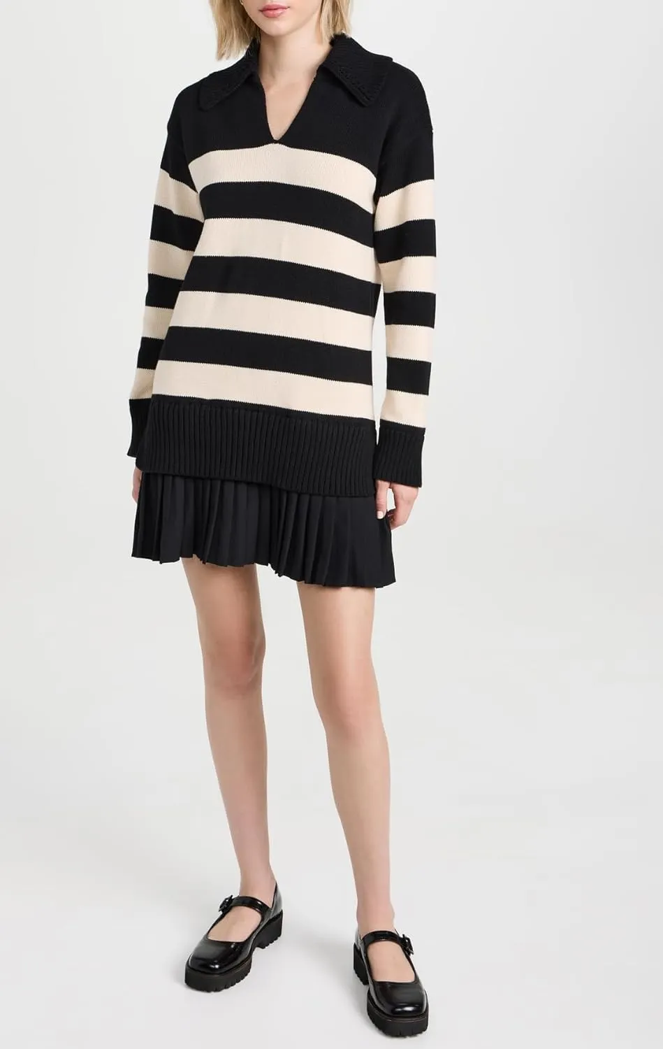 Women's Casual Striped Sweater Dresses Long Sleeve Polo V Neck Pleated Mini Dress