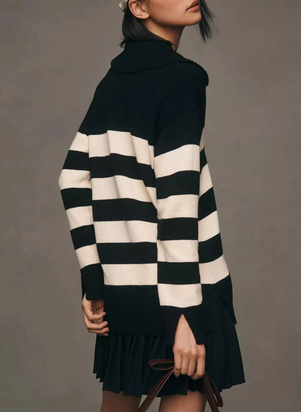 Women's Casual Striped Sweater Dresses Long Sleeve Polo V Neck Pleated Mini Dress
