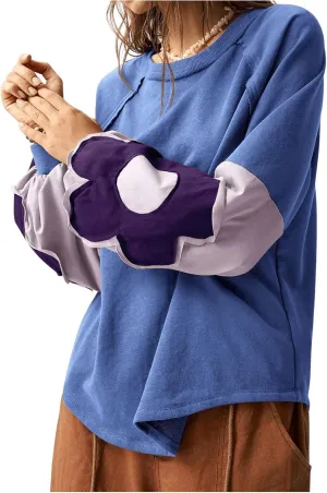 Women's Color Block Crew Neck Sweatshirt Floral Decor Long Sleeve Pullover Tops Boho Shirt