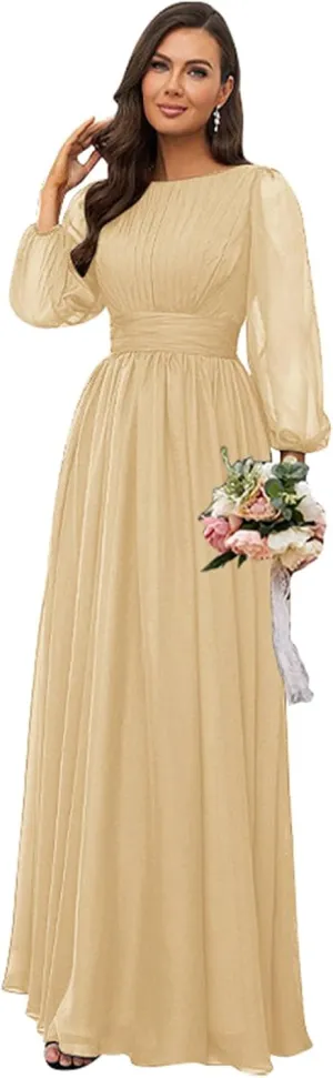 Women's Crew Neck Bridesmaid Dresses Long Sleeves Chiffon Pleated Formal Party Gown