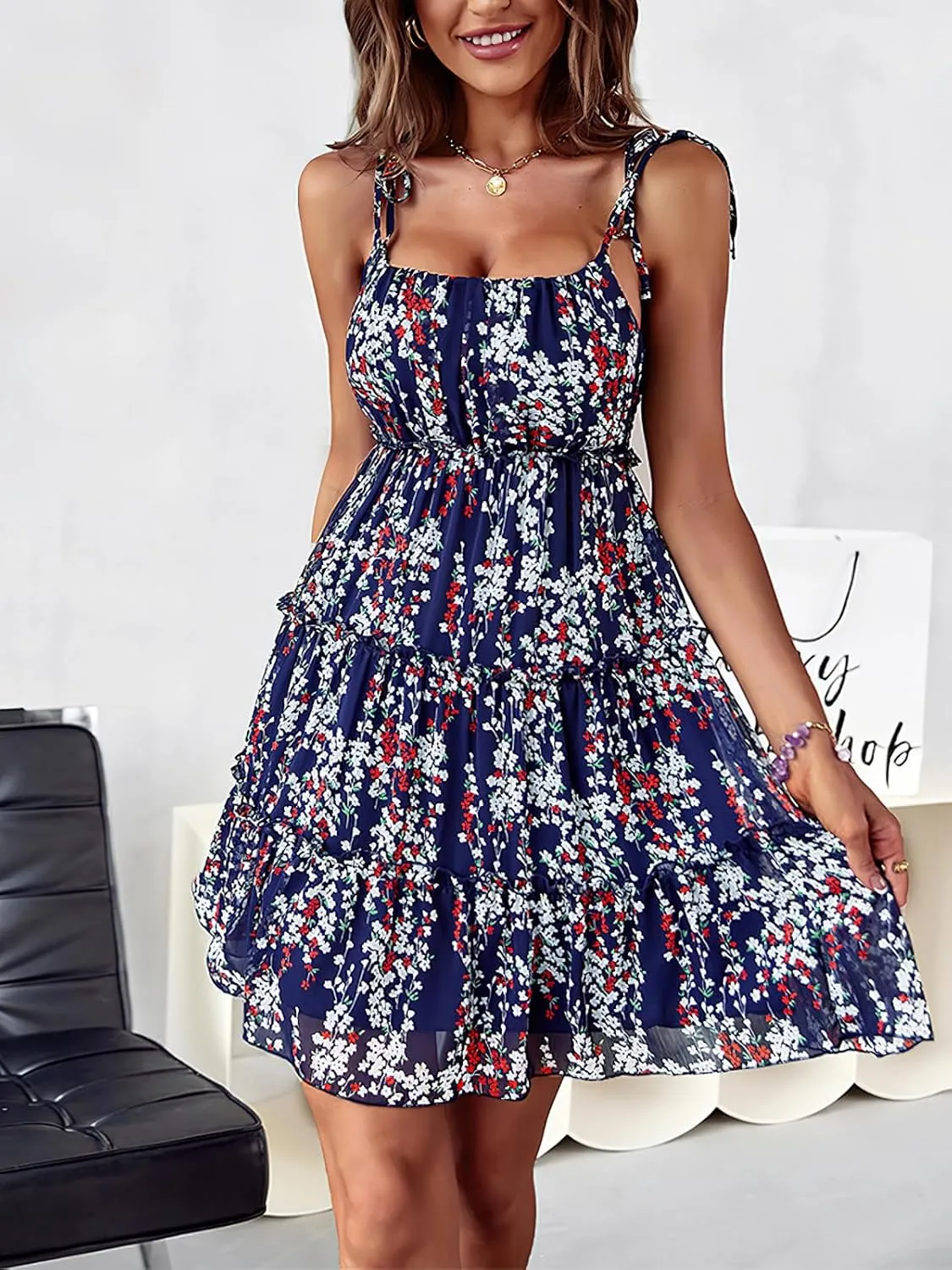 Women's Cute Floral Tiered Chiffon Mini Dress Sleeveless Tie Strap Ruffles Back Smocked Bobo Dress