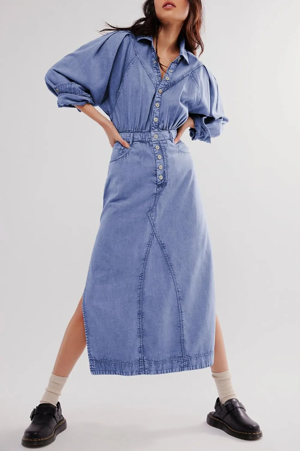 Womens Denim Long Shirt Dress Casual Button Down Jean Dress Collar A-Line Flowy Midi Dress with Pocket