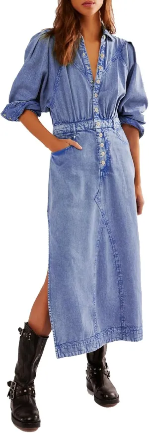 Womens Denim Long Shirt Dress Casual Button Down Jean Dress Collar A-Line Flowy Midi Dress with Pocket