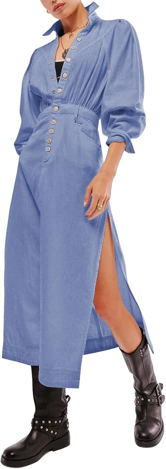 Womens Denim Long Shirt Dress Casual Button Down Jean Dress Collar A-Line Flowy Midi Dress with Pocket