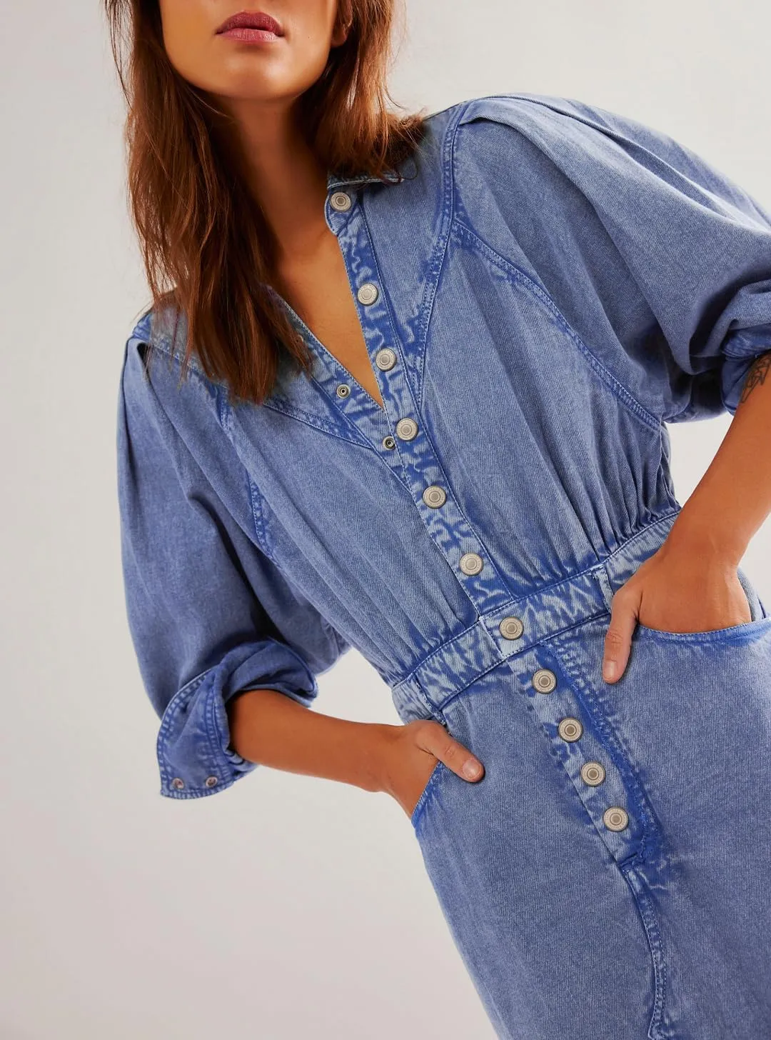 Womens Denim Long Shirt Dress Casual Button Down Jean Dress Collar A-Line Flowy Midi Dress with Pocket
