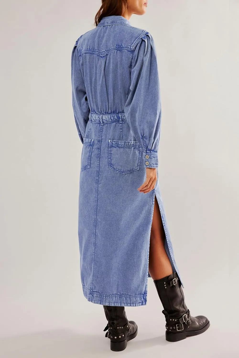 Womens Denim Long Shirt Dress Casual Button Down Jean Dress Collar A-Line Flowy Midi Dress with Pocket